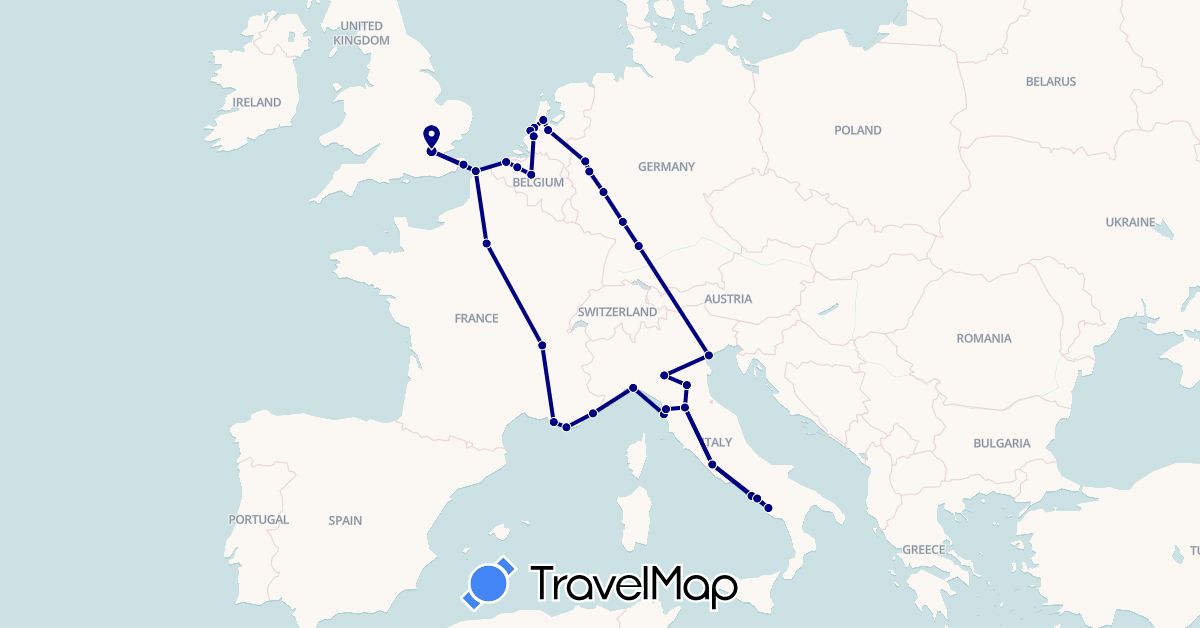 TravelMap itinerary: driving in Belgium, Germany, France, United Kingdom, Italy, Netherlands (Europe)